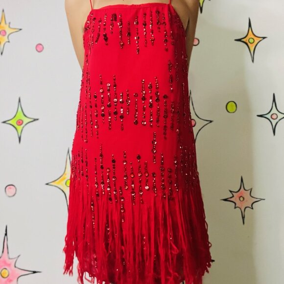Vntg~Red Glam Fringe/Sequin Flapper Christmas New Year Holiday Party Dress~ XS - Picture 5 of 11